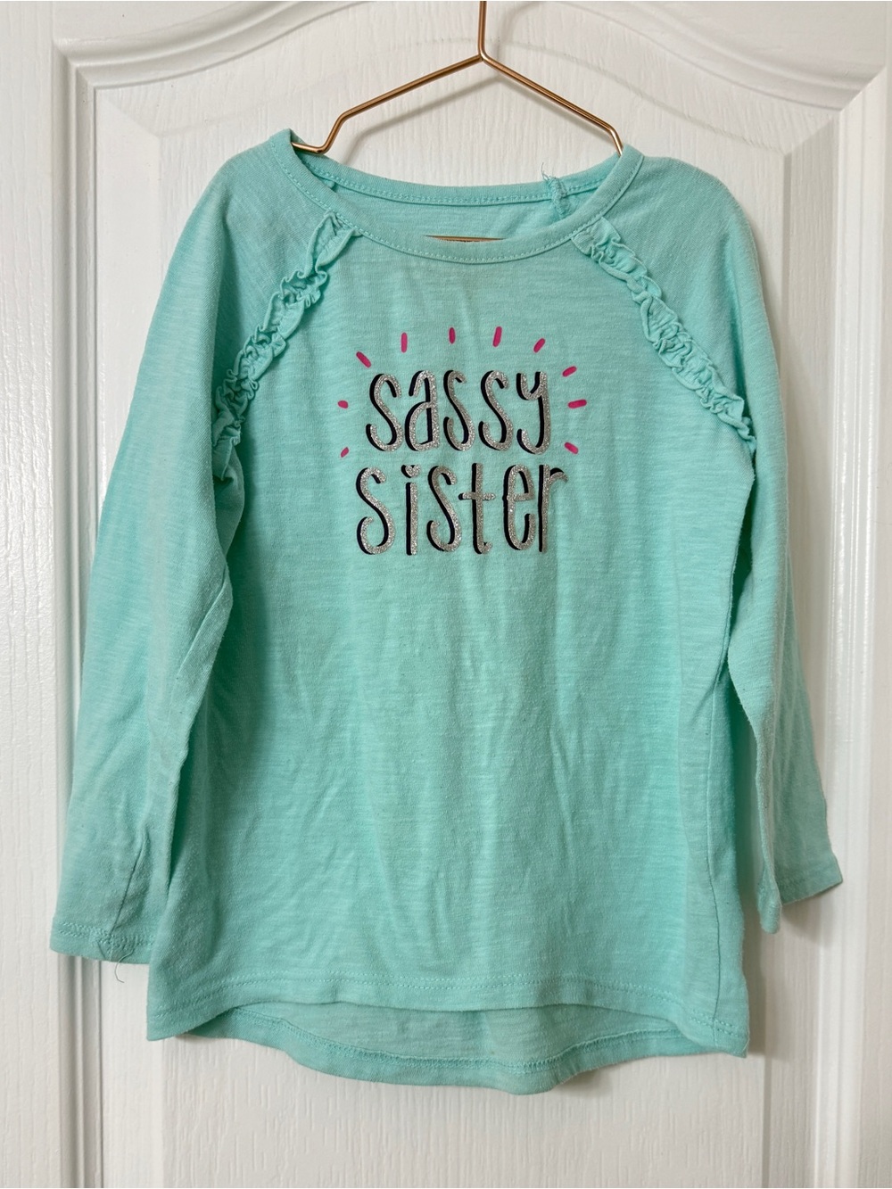 Jumping Beans turquoise girls 3T long sleeve top glittery "Sassy Sister"ruffle